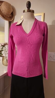 Simply Cashmere 100% Cashmere Hot Pink V-neck Sweater Size Small